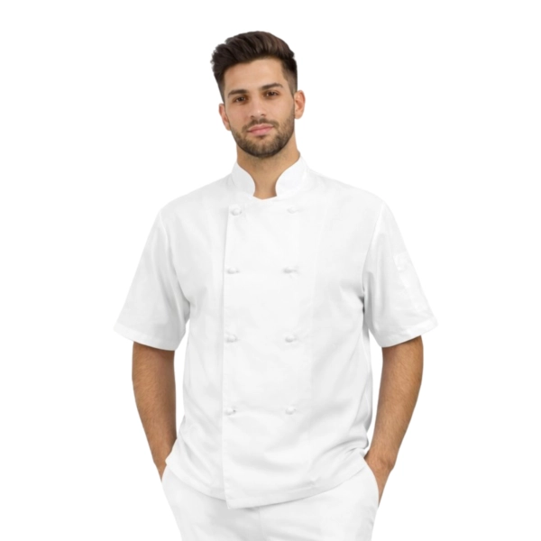 Bluza kucharska biała męska krótki rękaw 8 guzików  roz.M – bluza kucharska – odzież gastronomiczna